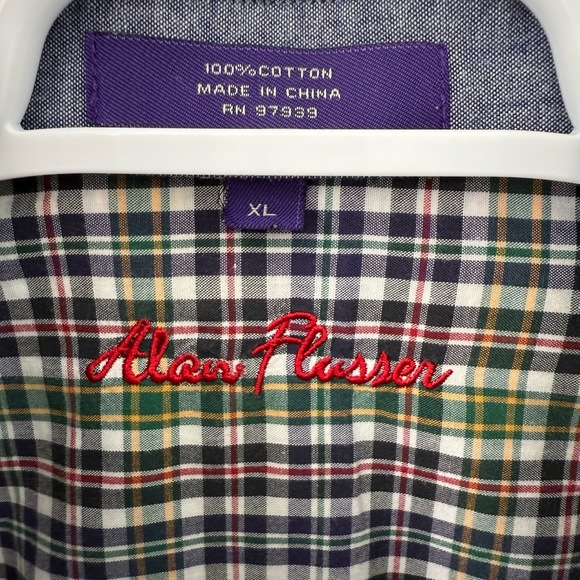 Alan Flusser Shirt Mens XL White Blue Green Red Plaid Casual Long Sleeve Pocket - Picture 3 of 4